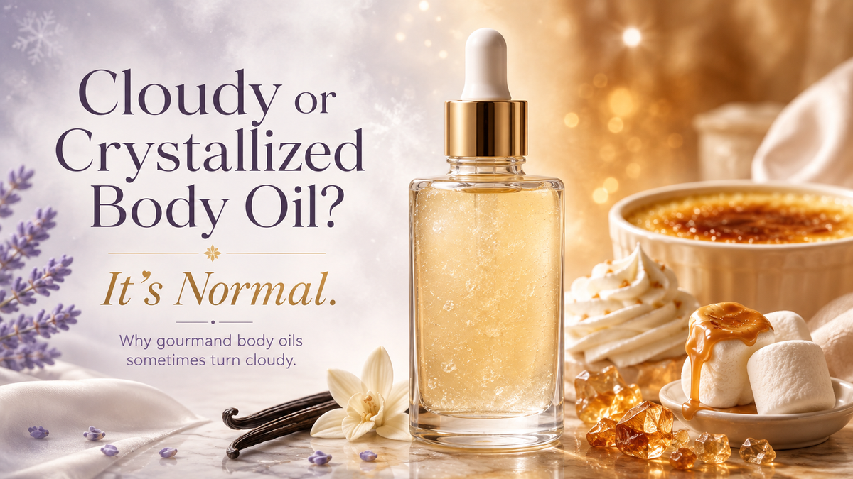 cloudy crystallized gourmand body oil bottle